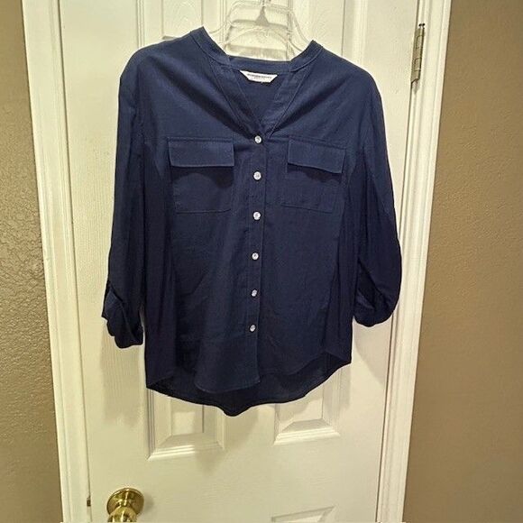 Allison Daley Petite Top Shirt Rhinestone Buttons 3/4 sleeves Navy Sz Med? Linen - Picture 1 of 10